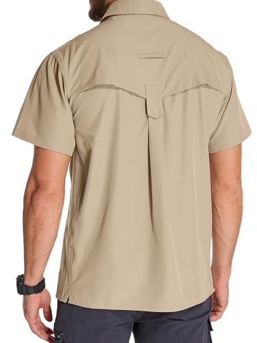 Mens Short Sleeve Button Down Shirts UPF 50+ Sun Protection Quick Dry Fishing Shirt for Travel Hiking Safari Camping - color: Tan Khaki, size: Small