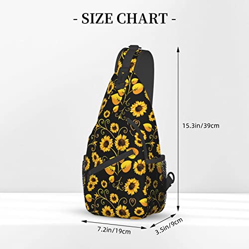 Sunflower Sling Bag Crossbody Backpack for Men Women Seamless Sunflower Leaves Yellow Flowers on Black Background Chest Bag Adjustable Casual Shoulder Backpack Travel Hiking Daypack - color: Yellow Sunflower Leaves