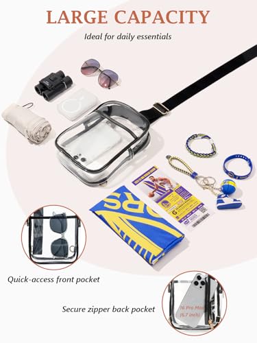 3 Pockets Clear Bag for Stadium Events with 2 Long Straps Sling Backpack Fanny Pack Concert Crossbody Purses for Women - color: 1# Black-f, style: Style 1