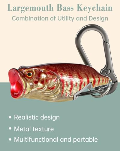 Bass Fishing Lure Keychain, Cool Bass Fish Key Chain Fishing Gifts for Men, Bass Keychains for Fishing Lovers - color: Metallic Crimson