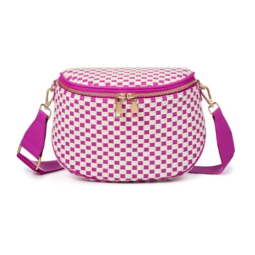 Woven Vegan leather Crossbody Bags For Women, Checkered Fashion PU Bum Bag Waist Pack, Travel Sling Purse with Adjustable Strap（Rose) - color: White and Rose