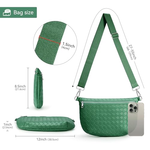 KALIDI Woven Crossbody Bags for Women Travel Vegan Leather Fanny Packs for Woman Cross Body Purse Fashion Belt Bum Bag with Wide Strap - color: Forest Green