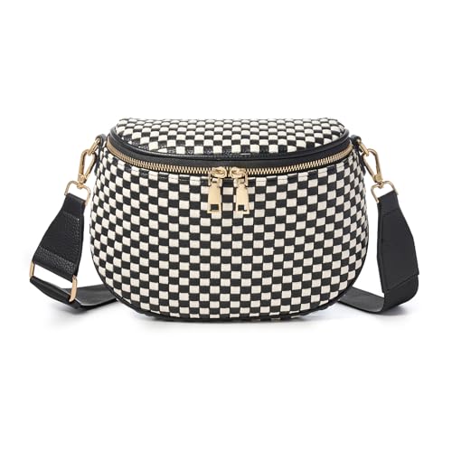 Woven Vegan leather Crossbody Bags For Women, Checkered Fashion PU Bum Bag Waist Pack, Travel Sling Purse with Adjustable Strap（Black) - color: White and Black