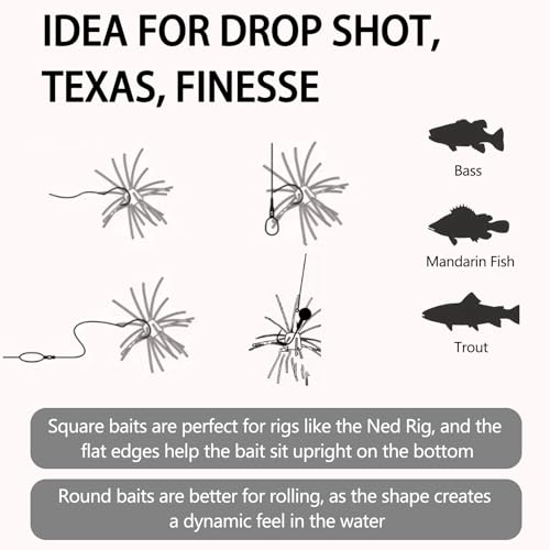 Eupheng Silicone Soft Dice Fishing Lures with Multiple Tentacles, Handmade Slow Sink Bass Fishing Soft Plastic Baits for Drop Shot, Finesse, Wacky Rig - color: Black, size: 10PCS-(Square & round body)