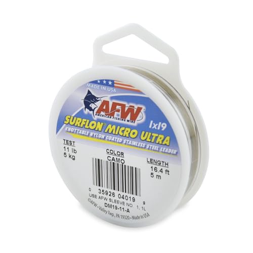 American Fishing Wire Surflon Micro Ultra Nylon Coated 1x19 Stainless Steel Leader Wire - Knottable Fishing Leaders Saltwater & Fly Fishing, 6lb Test - 61lb Test, Bright, Black & Camo Colors - color: Camo, style: 5 Meter, 11 Pound Test
