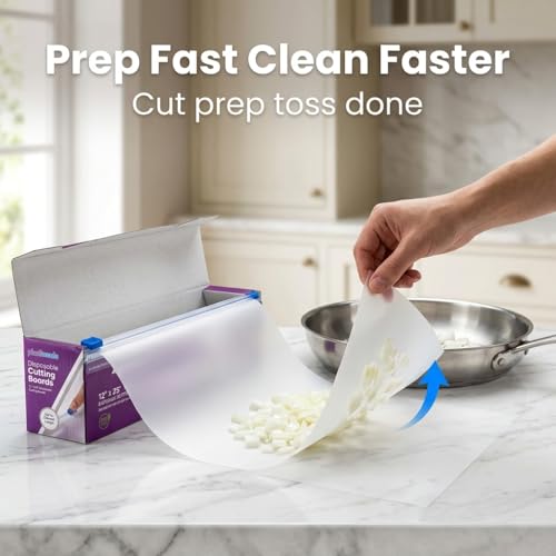 Disposable Cutting Board Sheets with Built-In Sliding Cutter - Flexible Plastic Cutting Boards for Kitchen Meal Prep, Camping, Travel, Tailgating & Commercial Use