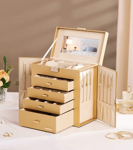 Homde Synthetic Leather Huge Jewelry Box Mirrored Watch Organizer Necklace Ring Earring Storage Lockable Gift Case (Gold) - color: Gold