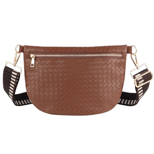 Woven Crossbody Bags for Women Leather Belt Bum Sling Purse Fanny Waist Pack Chest Shoulder Bag for Women-Dark Brown - color: Dark Brown