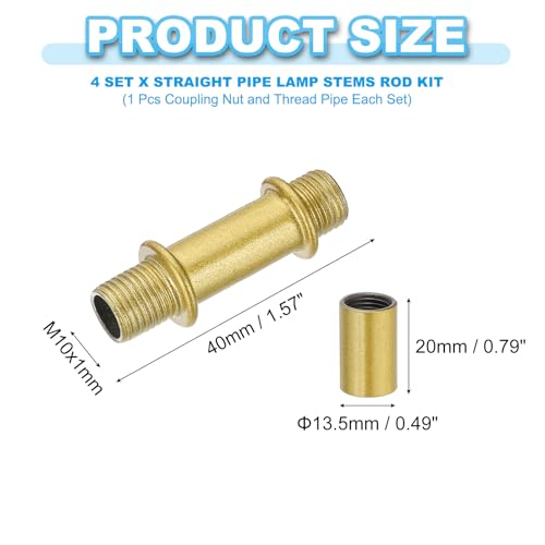 PATIKIL Straight Pipe Lamp Stems Rod Kit, 4 Set M10 Carbon Steel 40mm(1.57") Long Double End Thread Rod with Coupling Nuts Sleeve Connector for Table Lamps Chandeliers, Gold Tone - color: Gold Tone, size: 40mm(1.57")