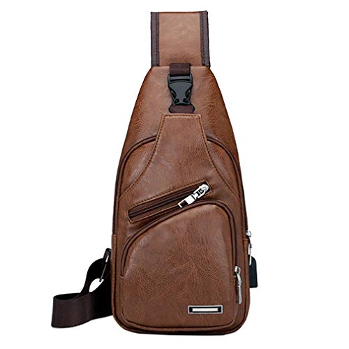 Hebetag Leather Sling Bag Crossbody Backpack for Men Women Travel Outdoor Camping - color: #21brown(pu/Usb)