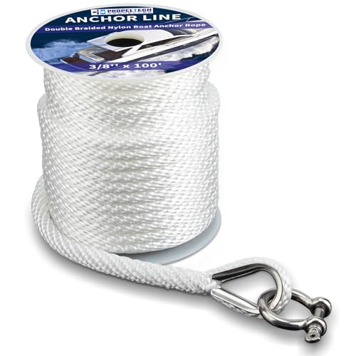 Anchor Rope Braided Anchor Line(White, 3/8" x 100') Premium Solid Braid MFP Boat Rope with Stainless Steel Thimble & Shackle, Quality Marine Line, Boat Accessories - style: 3/8" x 100'