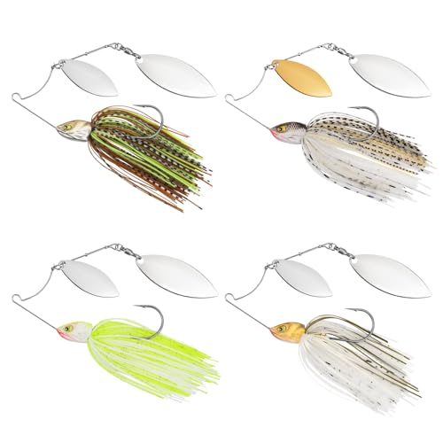 MadBite by KastKing Spinnerbait Fishing Lures, Bass Trout Salmon Walleye Stainless Steel Spinner Baits Kit, Saltwater Freshwater, 4 pcs - color: Clear Water - Double Willow, size: 1/2oz