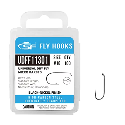 SF Fly Tying Hooks Ultra Sharp High Carbon Steel for Nymphs Wet Traditional Dry Streamers Eggs Jig Poppers Emergers Terrestrial Flies with Mini Box 100Pcs - size: #16 Black Nickel 100Pcs, style: Universal Dry Fly Micro Barbed