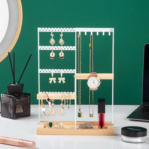 Jewelry Organizer Stand, Jewelry Holder, Lengnoy 4 Tier Earring Holder with 48 Holes and 6 Hooks Necklace Organizer Wood Box for Necklace Bracelet Earring Ring, White - color: White, size: 11 IN