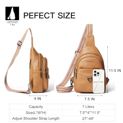 LATMAP 7L Sling Bag for Women Men Crossbody Belt Bag Small Travel Sling Backpack Anti Theft Chest Daypack Purse Faux Leather - color: Tan