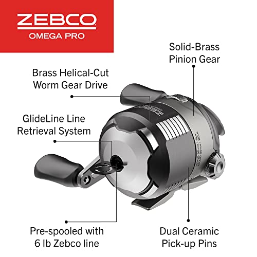 Zebco Omega Pro Spincast Fishing Reel, Dual Ceramic Pick-up Pins, Solid-Brass Pinion Gear, GlideLine ll Line Retrieval System, Pre-Spooled - size: 20