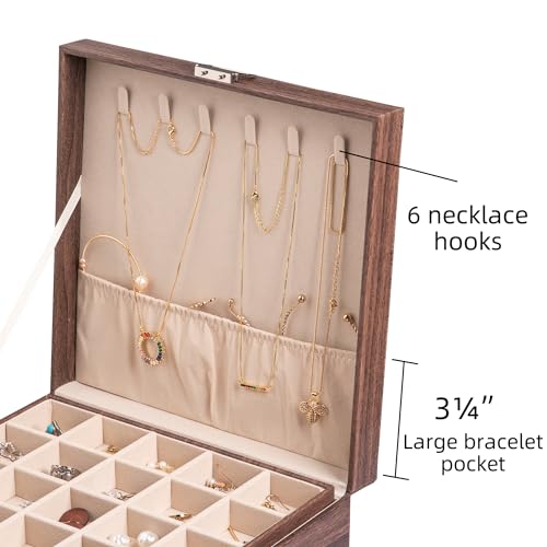 Frebeauty Earring Organizer Classic Jewelry Box 50 Slots Double Layer Jewelry Storage Case with 6 Necklace Hook and Bracelet Pocket(Tree Brown) - color: Tree Brown