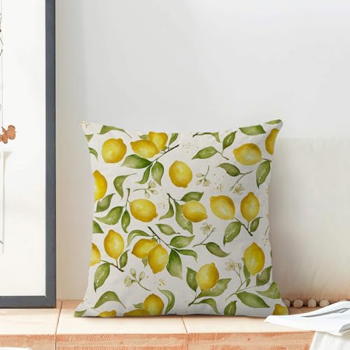 Summer Pillow Covers 16x16 Inch Set of 2 Yellow Lemon Floral Throw Pillows Outdoor Decorative Seasonal Spring Summer Yellow Green Leaves Floral Pillowcases Linen Cushion Covers for Sofa Couch - color: Lemon Floral, size: 16" x 16" (Pack of 2)