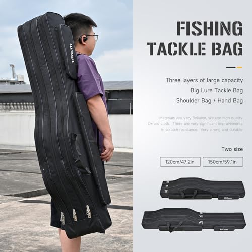 3 Layers Fishing Pole Bag,Portable 3 Layers Oxford Folding Rod Carry Case,Fishing Reel Tackle Storage Bag Case - color: Black, size: 120cm/47.2in