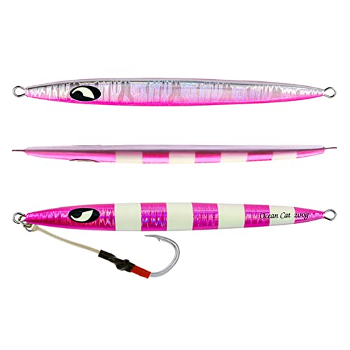 OCEAN CAT Slow Pitch Jig Flat Fall Jig Saltwater Fishing Luers Mental Vertical Jigging Baits with Hooks 5 Colors 4 Weights - color: #015:Pink, size: 8 5/6oz(250g)