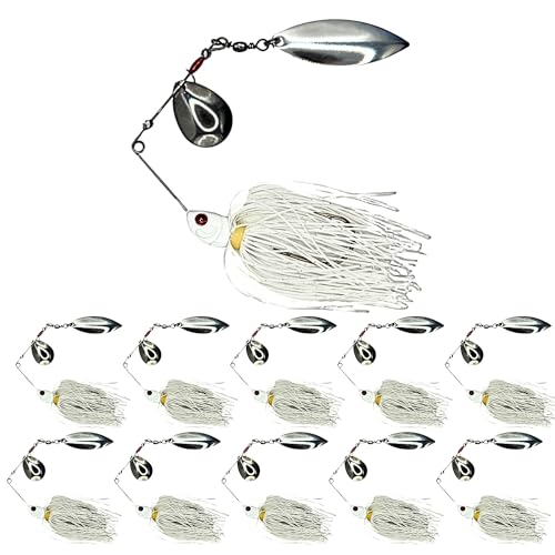 10 - Pack - White Spinner Lure, Fishing Lure, Spinnerbait, Freshwater Fishing - Metal, Plastic