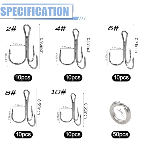 100pcs Fishing Treble Hook Kit, Round Bend Treble Hooks with Split Rings for Making Fishing Lure Spinner Spoon Crankbait - color: Black-100pcs