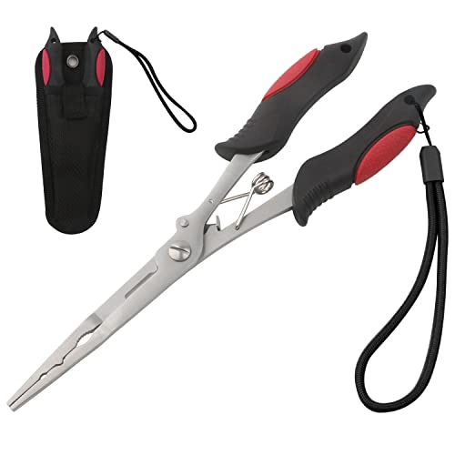 Hikary Long Nose Fishing Pliers,Ice Fishing Gear,Stainless Steel Hook Remover Braid Cutter Rustproof Fishing Multi-Tools Fishing Gripper for Freshwater Saltwater - color: Red-8.8inches