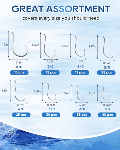 UCEC Circle Hooks Fishing Hooks 2X Strong Offset Circle Hooks Saltwater Black High Carbon Steel Octopus Catfish Hooks Fishing Gear Tackle 150pcs/ 240pcs - Size:#1 1/0 2/0 3/0 4/0 5/0 6/0 8/0 - color: Silver Assortment, size: 200pcs,1/0 2/0 3/0 4/0 5/0 6/0
