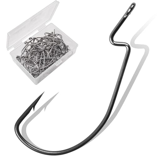 Bass Fishing Hooks 3X Strong Offset EWG Worm Hooks Jigs for Soft Plastic Bait Bass Trout Texas Rig 1-5/0 - size: 150PCS-2/0