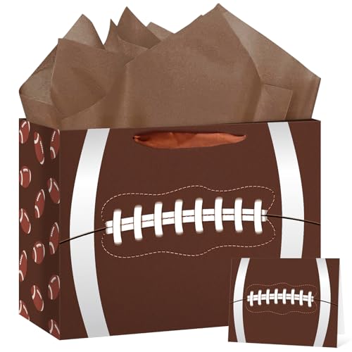 Hooqict Large Football Gift Bag with Tissue Paper and Greeting Card Football Birthday Party Gift Wrapping Bag for Boys Men Sport Themed Goodie Treat Party Favors Gift Bag - color: Football