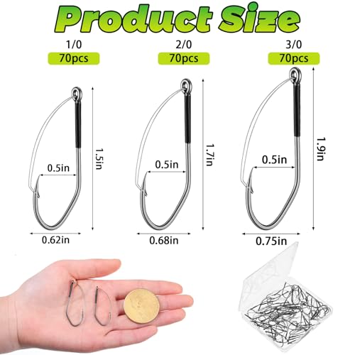 70 Pcs Weedless Wacky Rig Hooks Professional V Bass Fishing Worm Hooks Carbon Steel Fishing Lure Baits for Freshwater Saltwater - size: 1/0