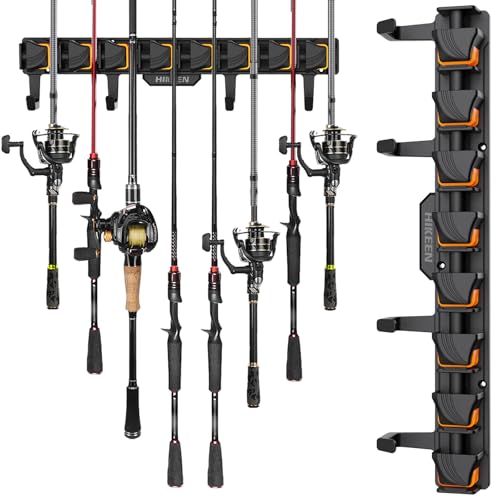 Fishing Rod Holders, Wall Mounted Fishing Rod Rack, Fishing Pole Holder Holds Up to 8 Rods or Combos, Fishing Rod Holders for Garage with 4 Hooks, Fits Most Rods of Diameter 3-24mm - style: Orange-1Pack