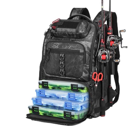 Fishing Tackle Backpack,Tackle Bag with 2 Rod Holders,Water-Resistant Large Storage Fishing Gear and Equipment (B-Black Camo) - color: B-Black Camo(Without tackle box)