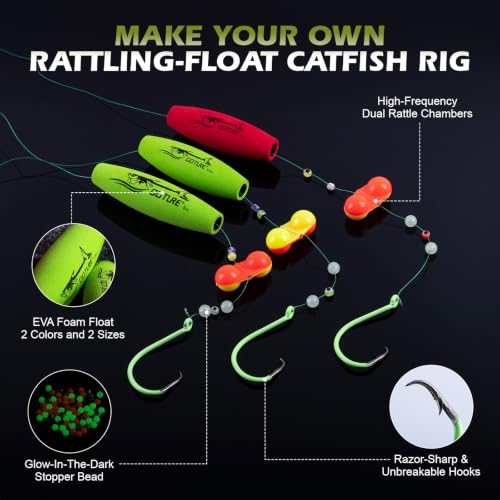 Goture Catfish Rig Making Kit,274pcs/300pcs Catfishing Tackle with Luminous Fishing Hook Swivel Sinker Weights Rattle Float Bobber Stoppers,Catfish Rigs Accessories with 3600 Tackle Box,Gifts for Men - color: A2:300pcs Catfish Tackle Kit