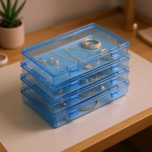 Goodma Rectangular Plastic Storage Boxes, Blue, 7.1 x 4.3 x 1.2 inch | 4 Pieces, Hinged Lids, Empty Organizer Containers, For Small Items and Craft Projects - color: Blue, size: 7.1 x 4.3 x 1.2 in
