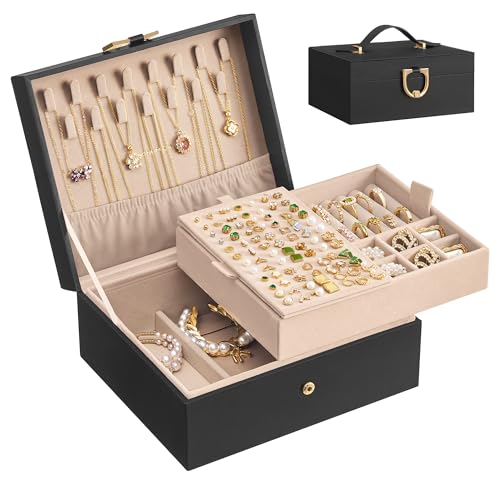 SONGMICS 2-Layer Jewelry Box Organizer, Jewelry Storage Case with Removable Tray and Handle, for Necklaces, Earrings, Rings, Bracelets, 6.7 x 8.1 x 3.7 Inches, Gift Idea, Black UJBC208BZ01S - color: Black