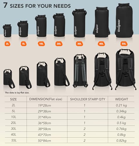 Unigear Dry Bag Waterproof, 2L/5L/10L/20L/30L/40L Floating and Lightweight Bags for Kayaking, Boating, Fishing, Swimming and Camping with Waterproof Phone Case - color: Black, size: us 40l / eu 50l