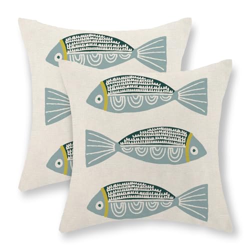 Coastal Pillow Covers 18 x 18 Inch Set of 2 Ocean Beach Blue Fish Throw Pillows Summer Natical Outdoor Decorative Pillow Cases Linen Farmhouse Cushion Case for Couch Home Sofa Bedroom Decor - color: Blue Fish, size: 18" x 18" (Pack of 2)
