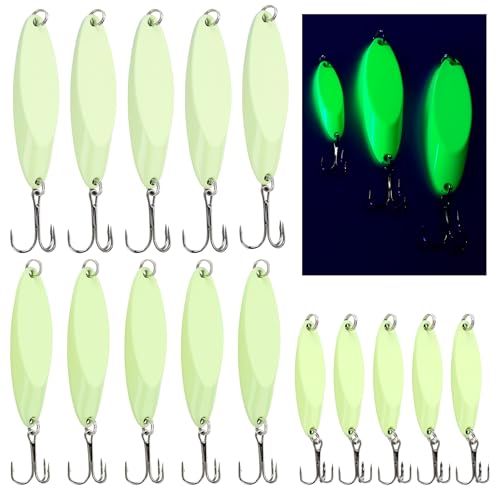 15 Pcs Glow in The Dark Fishing Lures with Treble Hook Jigs 5g/21g/28g Weights Luminous Metal Fishing Spoons Glitter Casting Spinner Baits Spoon for Freshwater Saltwater Bass Trout