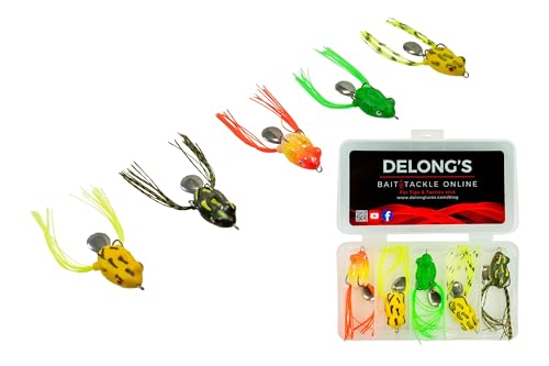 DeLong Bladed Topwater Frog Lure – 3.5” Weedless Double Hook Bass Frog – 5 Multi-Color Assortment Pack in Hard Case