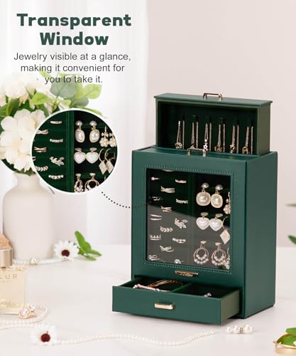 Homde Jewelry Organizer Girls Women Jewelry Box for Necklaces Rings Earrings Gift Bracelets Storage Case(Pink + Gold) - color: Forest Green + Gold
