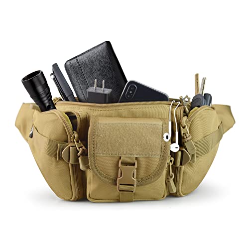 SOWHUP Tactical Fanny Pack,Military Waist Bag Pack with U.S Patch Utility Hip Belt Bumbag for Outdoor Fishing Hiking (Tan(5 Zipper Pockets)) - color: Tan(5 Zipper Pockets)