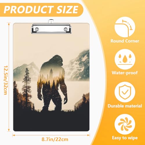 Bigfoot Clipboard, Mountain Landscape Decorative Clip Board with Metal Clip Cute Plastic Clipboards A4 Standard Size 8.5" x 12.5" for Nurses, Students, Office - color: Bigfoot