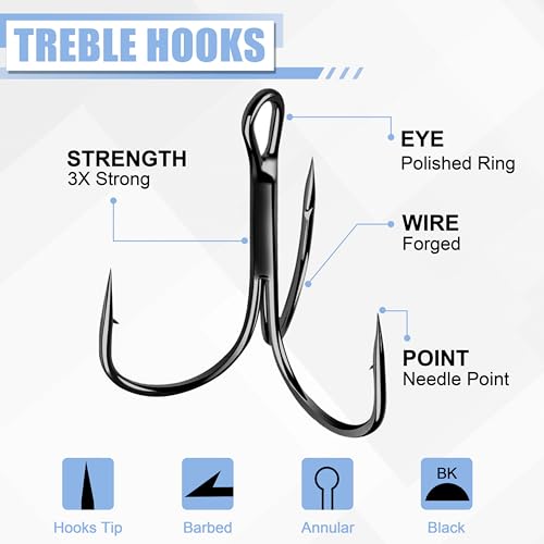 100pcs Fishing Treble Hook Kit, Round Bend Treble Hooks with Split Rings for Making Fishing Lure Spinner Spoon Crankbait - color: Black-100pcs