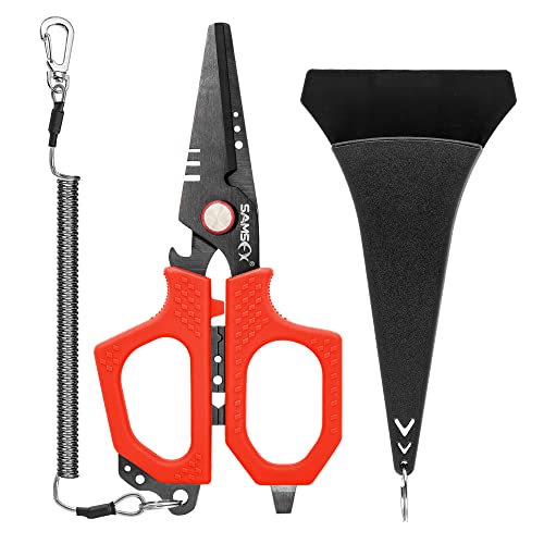 SAMSFX 6.5" Pro Fishing Shears Dual Serrated Blades, Fishing Braided Line Scissors with Titanium Coating, Non-Slip Grip & Multifunction Tool, Includes Hard Molded Locking Sheath & Coiled Lanyard - color: A: Red Kraton Handle, Hard Sheath