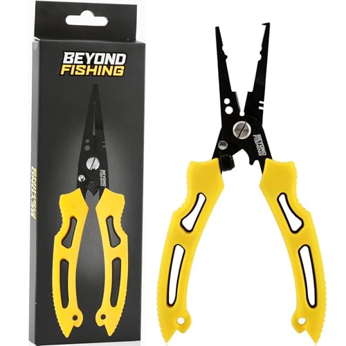 Beyond Fishing QuickRig Fishing Pliers – Multifunction Stainless Steel Split Ring Pliers for Fishing with Line Cutter & Crimper – Corrosion Resistant & Spring Loaded Design - color: 7" Quick Rig - Yellow