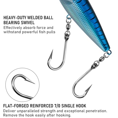 Alwonder High Speed Trolling Lures Up to 17 Knots Saltwater Fishing Lures Sinking Hard Baits 6-3/4”/7.5oz with Heavy-Duty 7/0 Hook Deep Diving Jerkbait Fishing Plug Offshore Lure for Marlin Tuna Wahoo - color: Chrome Bule