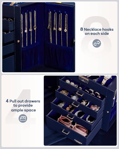 Homde Synthetic Leather Huge Jewelry Box Mirrored Watch Organizer Necklace Ring Earring Storage Lockable Gift Case (Dark Blue + Gold) - color: Dark Blue + Gold