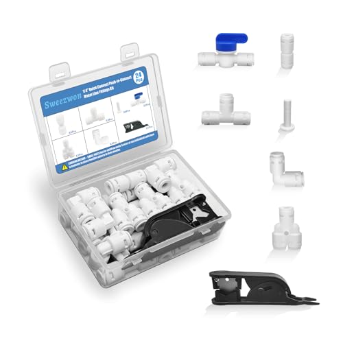 1/4" Quick Connect Push-to-Connect Water Line Fittings Kit for RO/DI Water Filter, Refrigerator, Ice Maker (Ball Valve + T + L + Y + I + Professional Tubing Cutter, 24 Pcs) - size: 1/4 inch,24Pcs