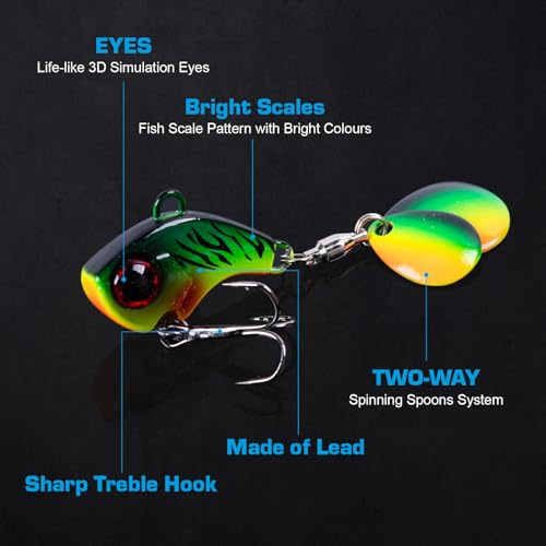 Goture Fishing Lures VIB Tail Spinners Bait Set, Two-Way Spinning Spoon System with Kona Treble Hook, Fixed Tube Anti-Tangle, 3D Eyes Sinking Lures with Tackle Box, Fishing Jigs Fishing Spinner Blade - color: B: 3/8 oz - 4 Pcs with Box